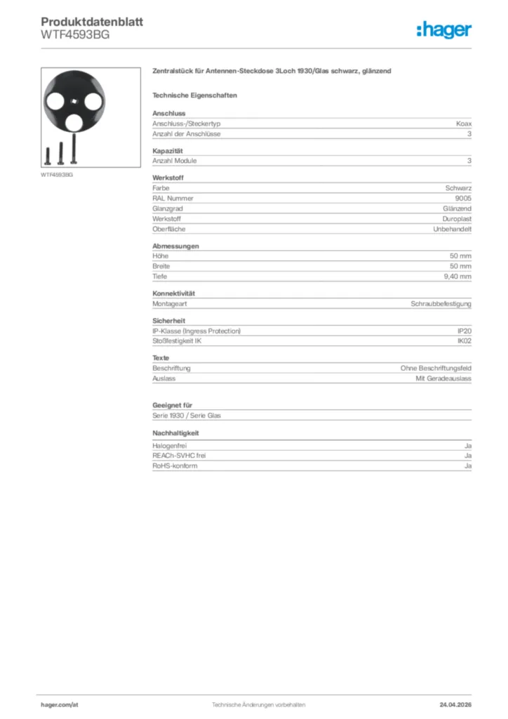 Bild Hager Produktdatenblatt WTF4593BG | Hager Deutschland