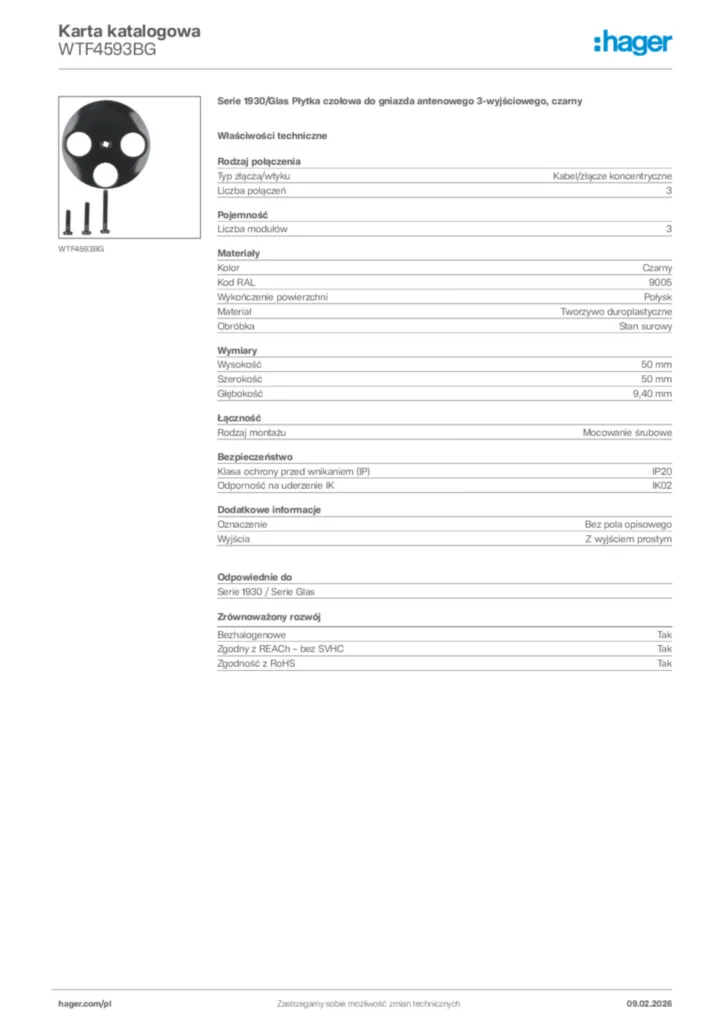 Zdjęcie Hager Karta katalogowa WTF4593BG | Hager Polska
