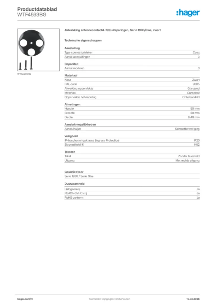 Afbeelding Hager Productdatablad WTF4593BG | Hager Nederland