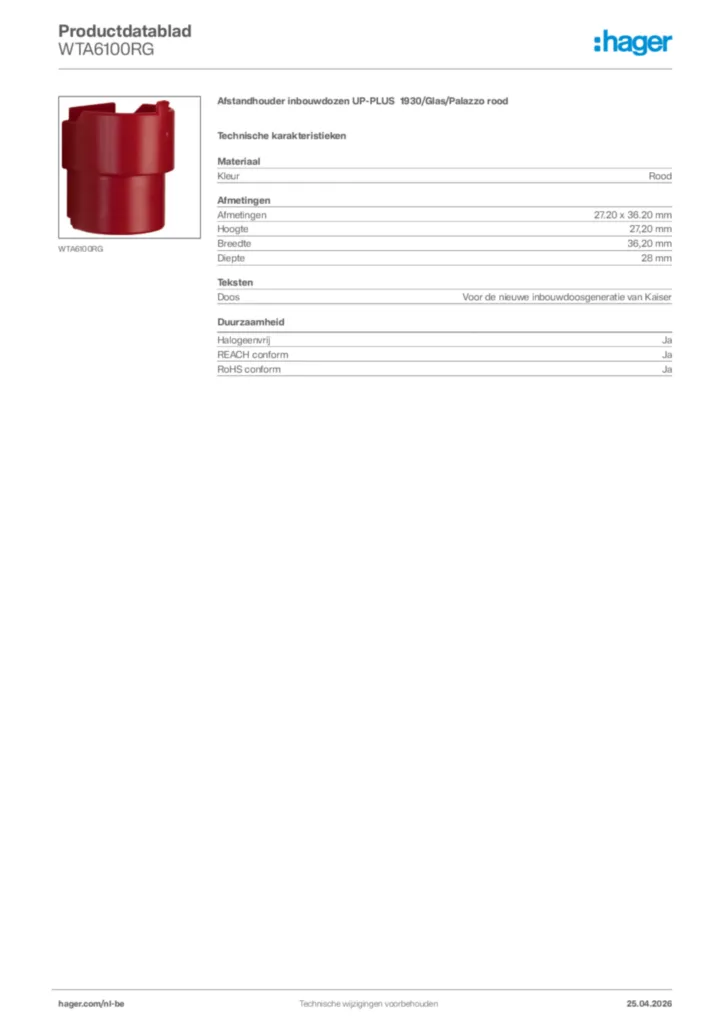Afbeelding Hager Productdatablad WTA6100RG | Hager Belgium