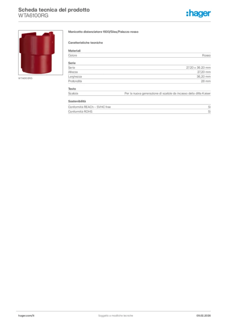 Immagine Hager Scheda tecnica del prodotto WTA6100RG | Hager Italia