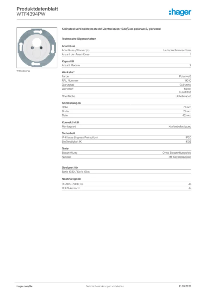 Bild Hager Produktdatenblatt WTF4394PW | Hager Deutschland