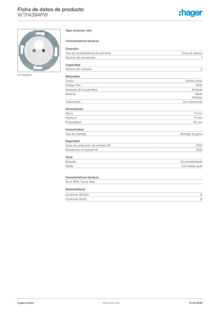 Imagen Hager Ficha de datos de producto WTF4394PW | Hager España