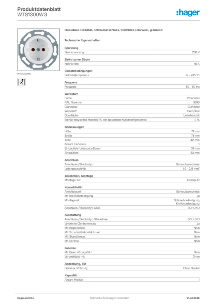 Bild Hager Produktdatenblatt WTS1300WG | Hager Deutschland