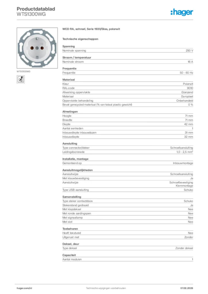 Afbeelding Hager Productdatablad WTS1300WG | Hager Nederland