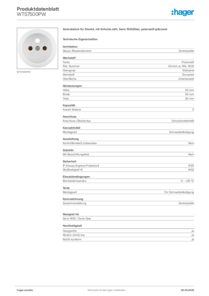 Bild Hager Produktdatenblatt WTS7500PW | Hager Deutschland