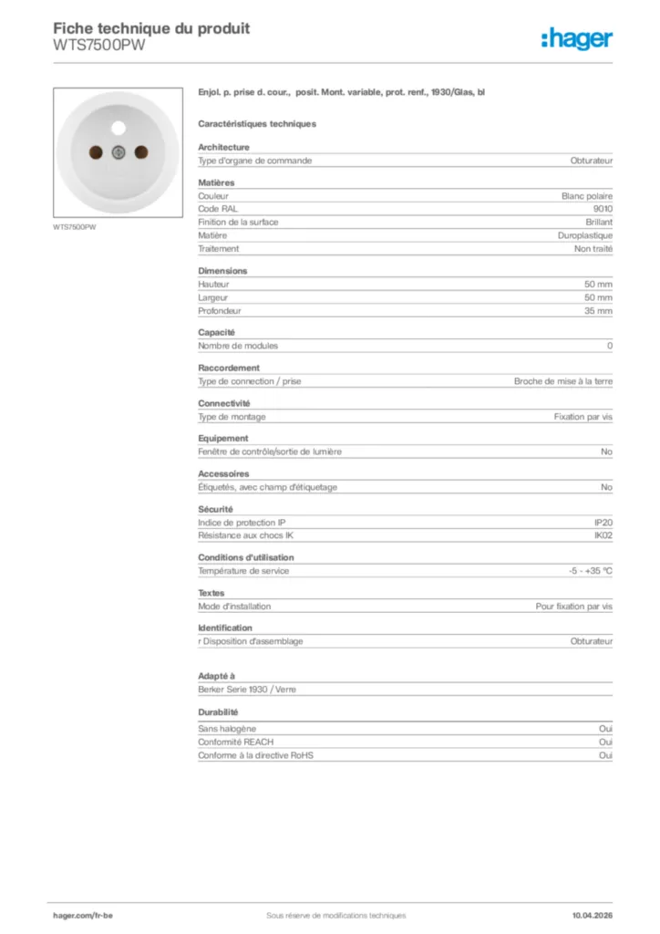 Image Hager Fiche technique du produit WTS7500PW | Hager Belgique