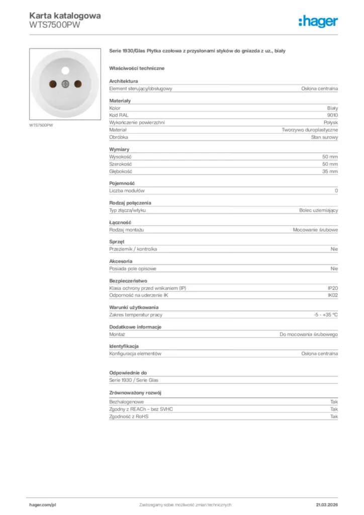 Zdjęcie Hager Karta katalogowa WTS7500PW | Hager Polska