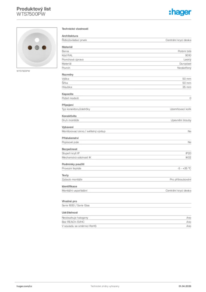 Obrázek Hager Product data sheet WTS7500PW | Hager