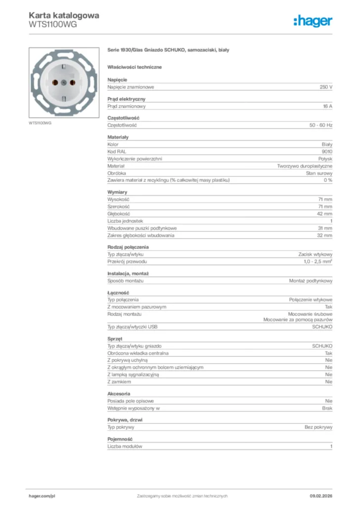 Zdjęcie Hager Karta katalogowa WTS1100WG | Hager Polska