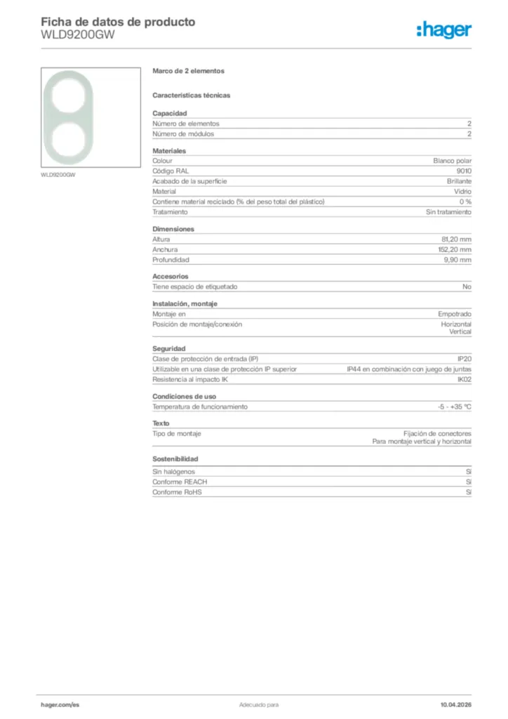 Imagen Hager Ficha de datos de producto WLD9200GW | Hager España
