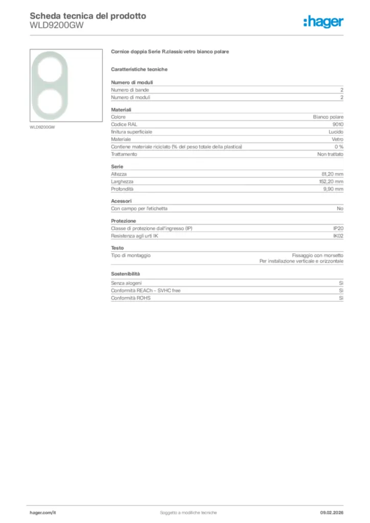 Immagine Hager Scheda tecnica del prodotto WLD9200GW | Hager Italia