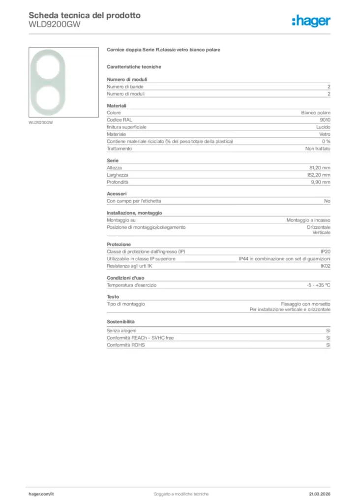Immagine Hager Scheda tecnica del prodotto WLD9200GW | Hager Italia