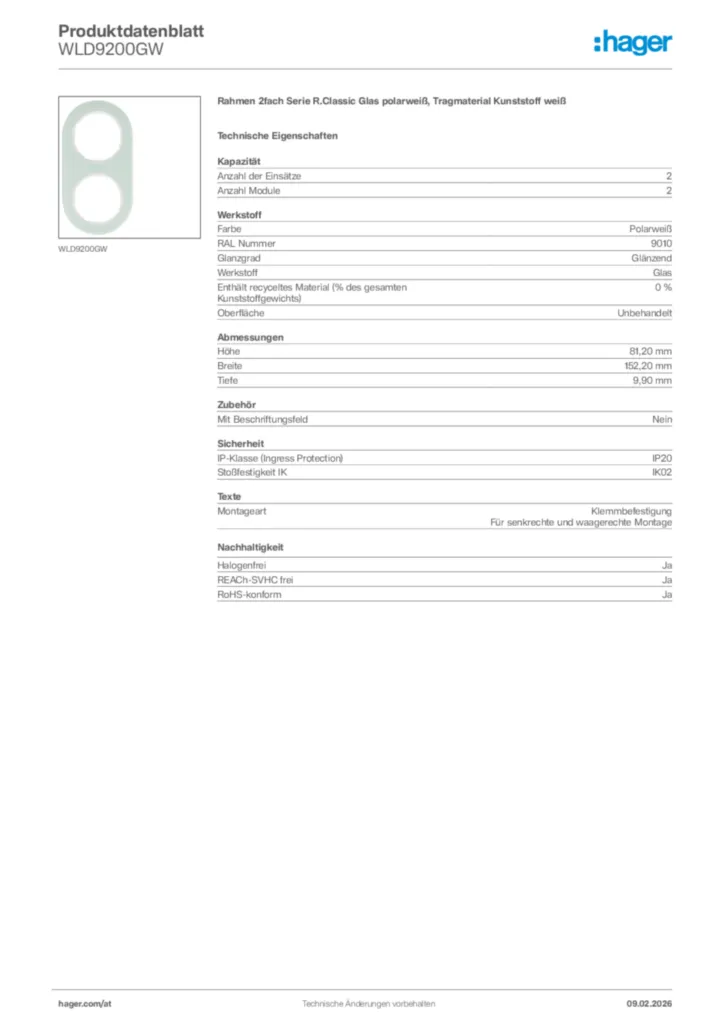 Bild Hager Produktdatenblatt WLD9200GW | Hager Deutschland