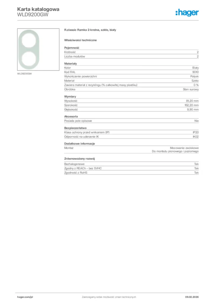 Zdjęcie Hager Karta katalogowa WLD9200GW | Hager Polska