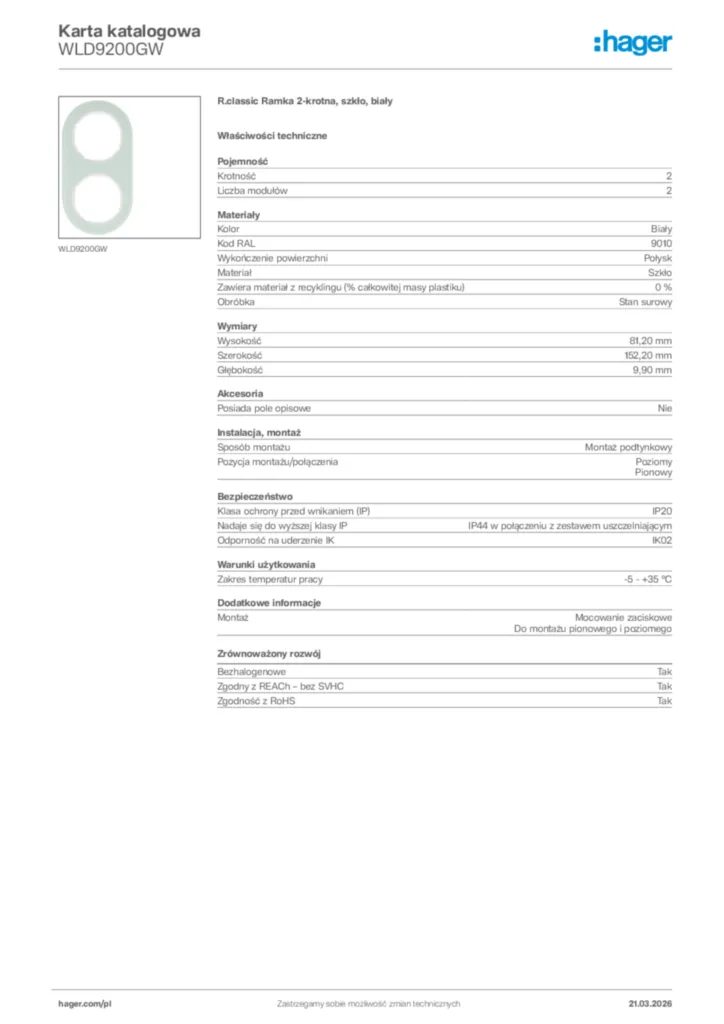 Zdjęcie Hager Karta katalogowa WLD9200GW | Hager Polska