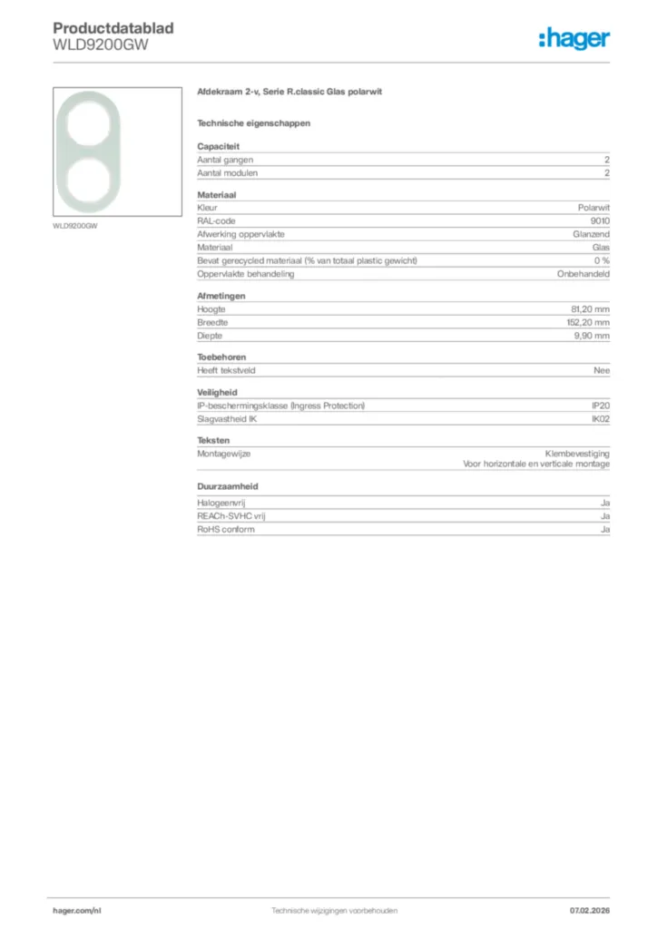 Afbeelding Hager Productdatablad WLD9200GW | Hager Nederland
