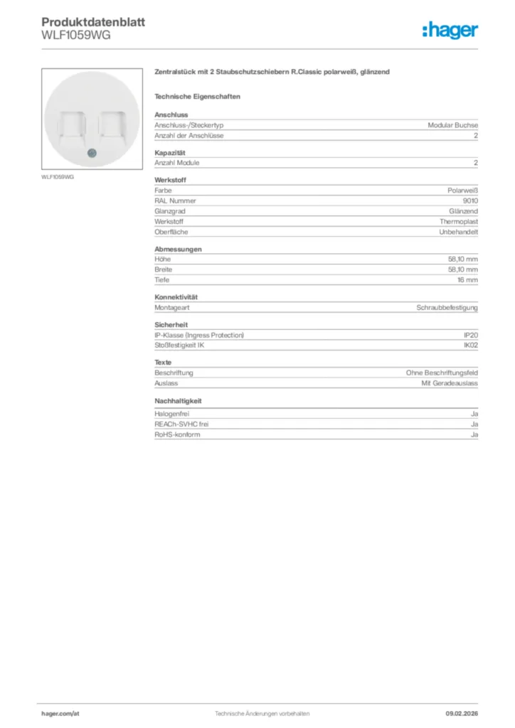 Bild Hager Produktdatenblatt WLF1059WG | Hager Deutschland