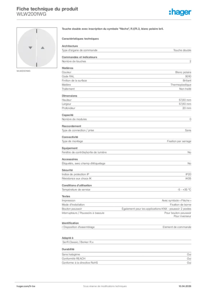 Image Hager Fiche technique du produit WLW2001WG | Hager Belgique