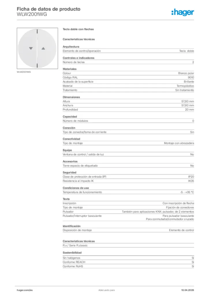 Imagen Hager Ficha de datos de producto WLW2001WG | Hager España