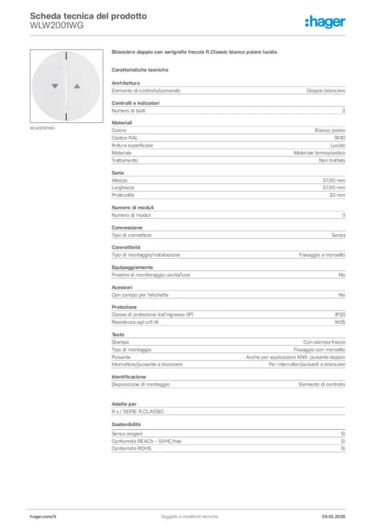 Immagine Hager Scheda tecnica del prodotto WLW2001WG | Hager Italia