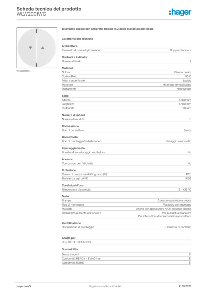 Immagine Hager Scheda tecnica del prodotto WLW2001WG | Hager Italia