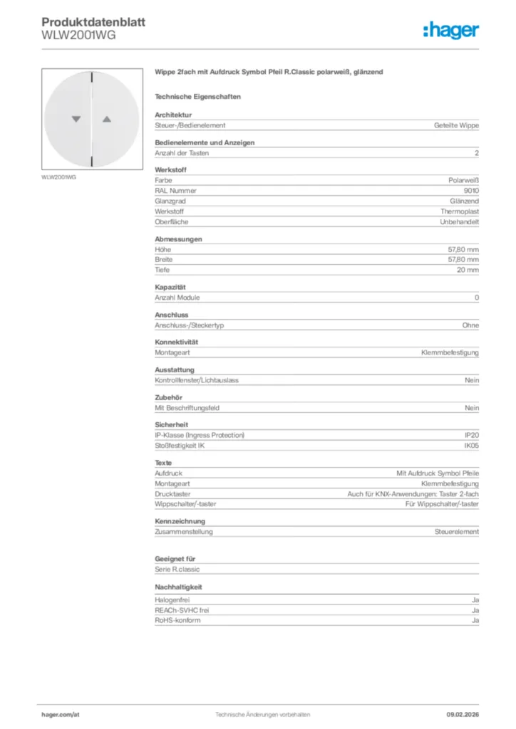 Bild Hager Produktdatenblatt WLW2001WG | Hager Deutschland