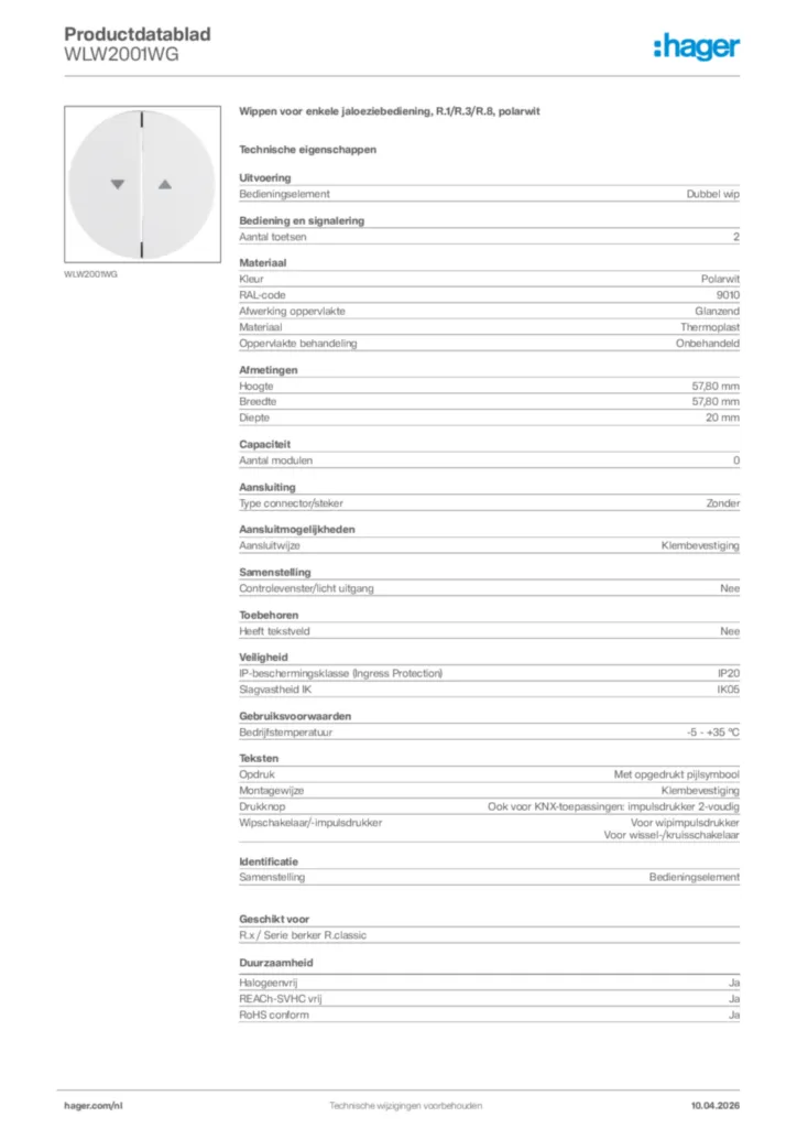Afbeelding Hager Productdatablad WLW2001WG | Hager Nederland