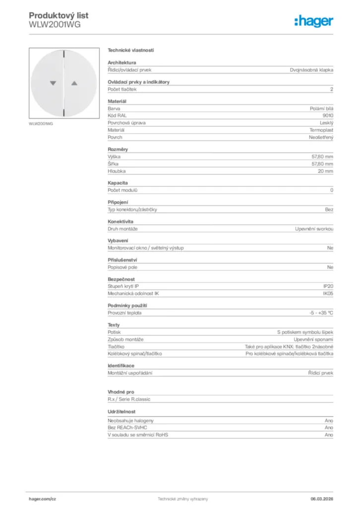 Obrázek Hager Product data sheet WLW2001WG | Hager