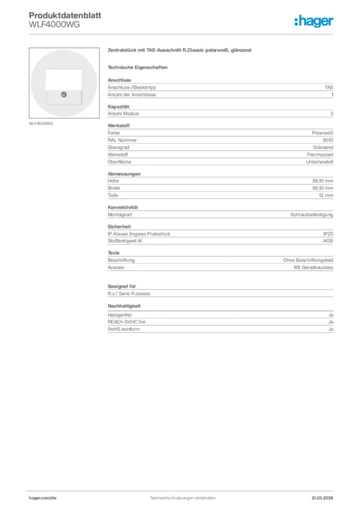 Bild Hager Produktdatenblatt WLF4000WG | Hager Deutschland