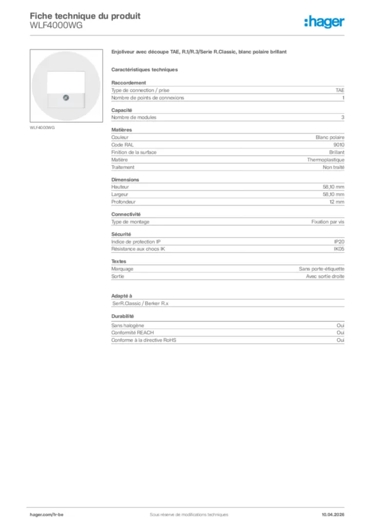 Image Hager Fiche technique du produit WLF4000WG | Hager Belgique