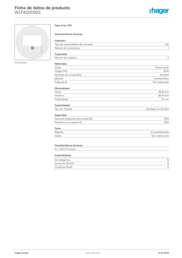 Imagen Hager Ficha de datos de producto WLF4000WG | Hager España