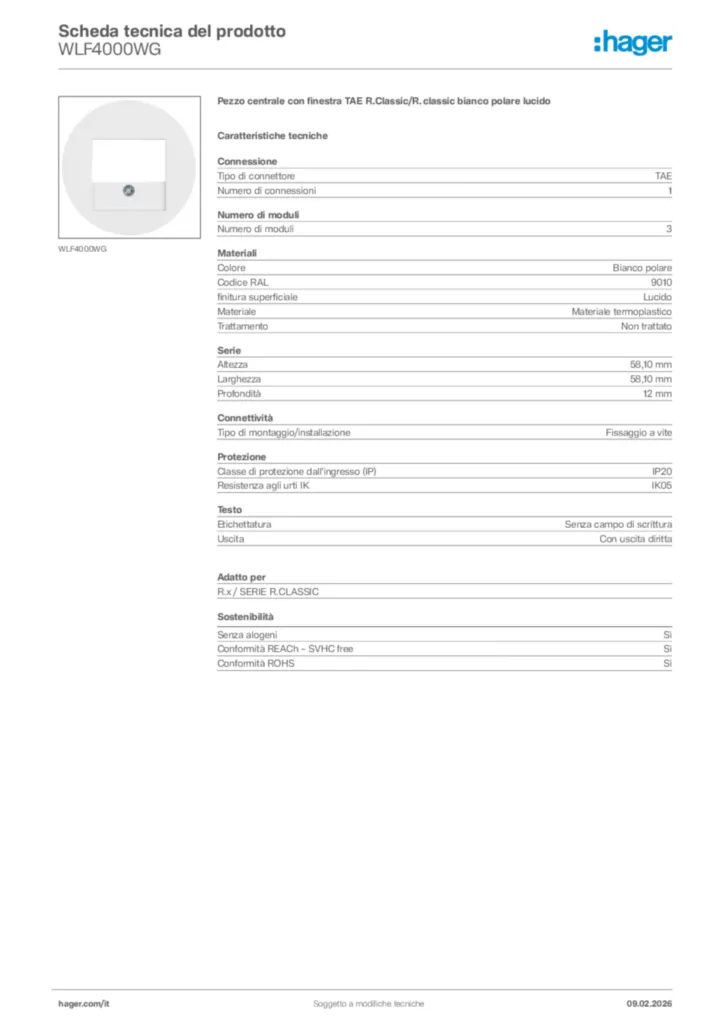 Immagine Hager Scheda tecnica del prodotto WLF4000WG | Hager Italia