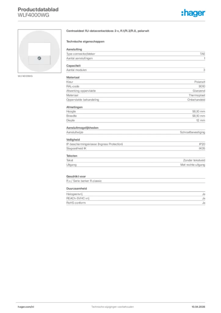 Afbeelding Hager Productdatablad WLF4000WG | Hager Nederland