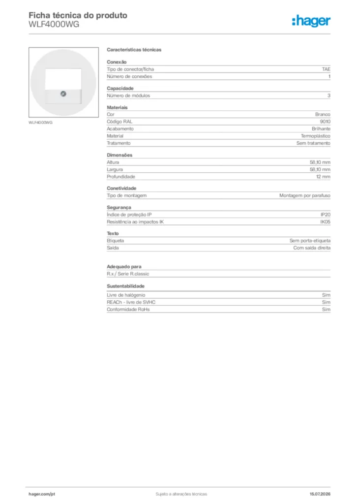 Imagem Hager Ficha técnica do produto WLF4000WG | Hager Portugal