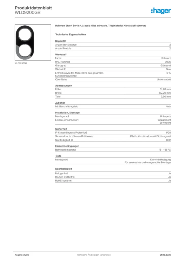 Bild Hager Produktdatenblatt WLD9200GB | Hager Deutschland