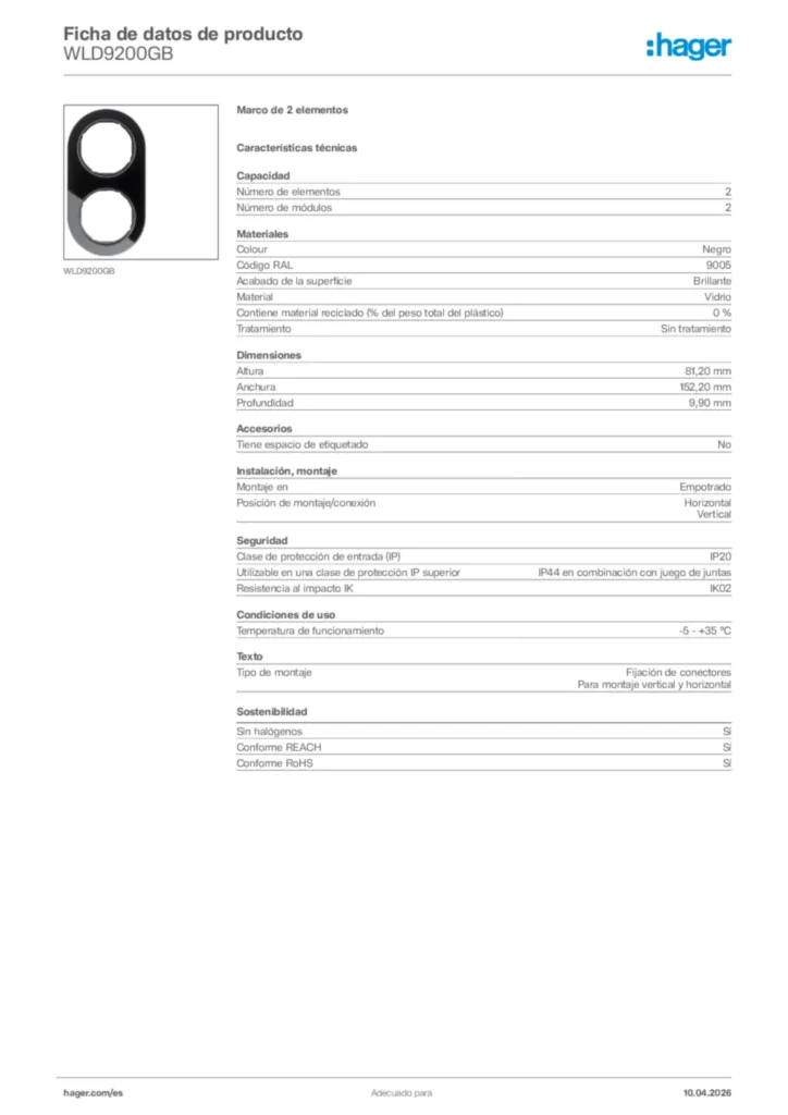 Imagen Hager Ficha de datos de producto WLD9200GB | Hager España