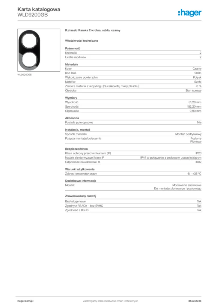 Zdjęcie Hager Karta katalogowa WLD9200GB | Hager Polska