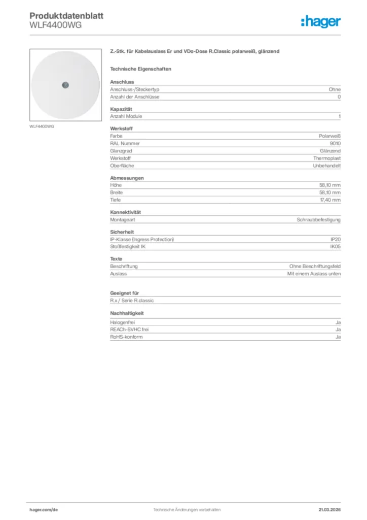 Bild Hager Produktdatenblatt WLF4400WG | Hager Deutschland