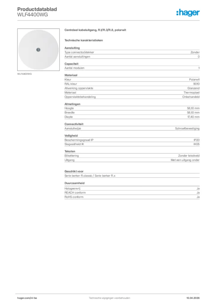 Afbeelding Hager Productdatablad WLF4400WG | Hager Belgium