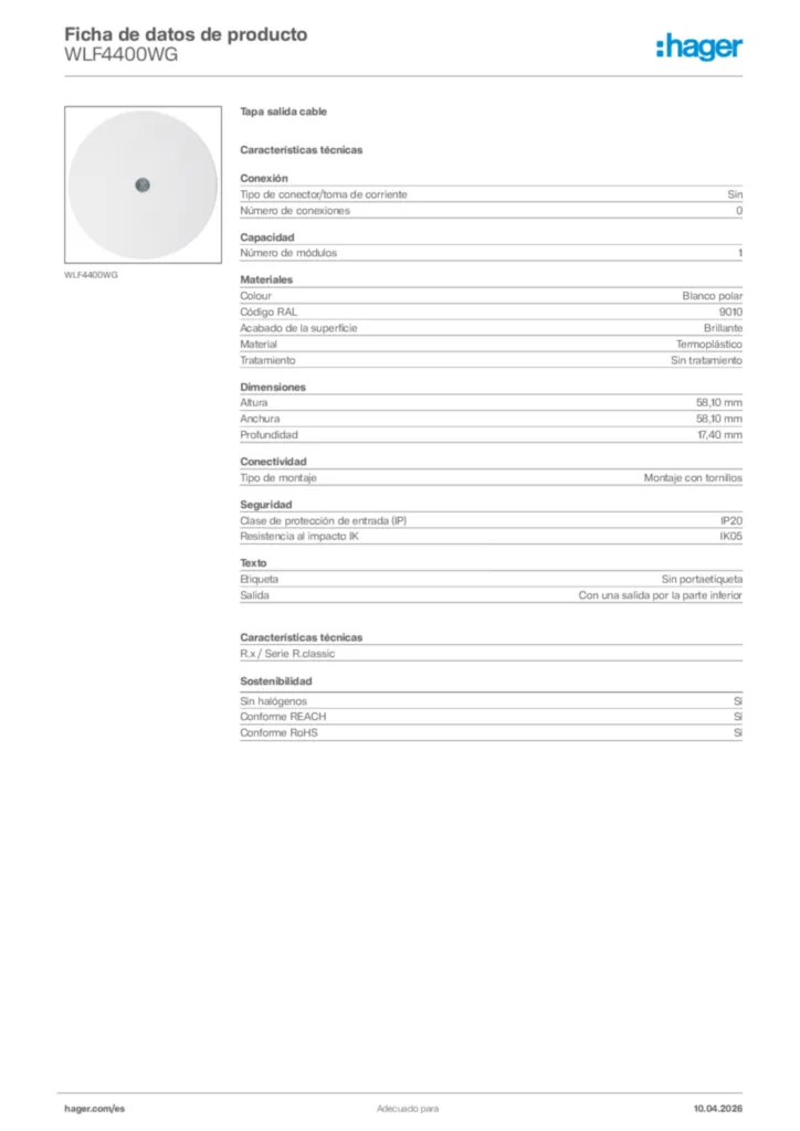 Imagen Hager Ficha de datos de producto WLF4400WG | Hager España
