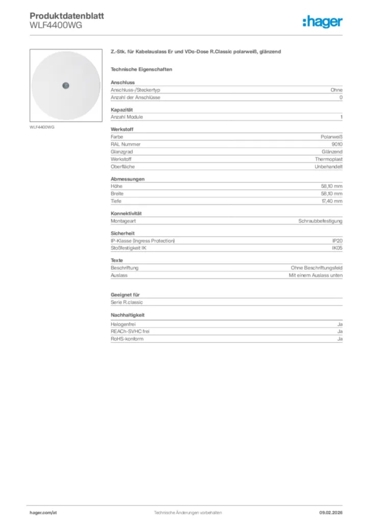 Bild Hager Produktdatenblatt WLF4400WG | Hager Deutschland
