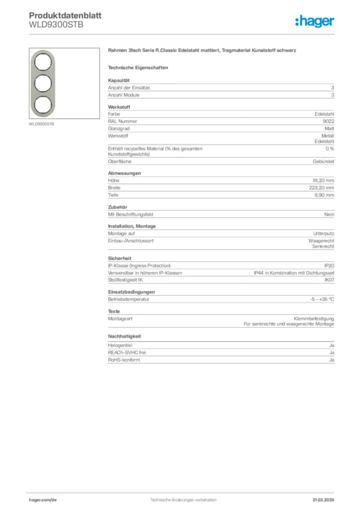 Bild Hager Produktdatenblatt WLD9300STB | Hager Deutschland