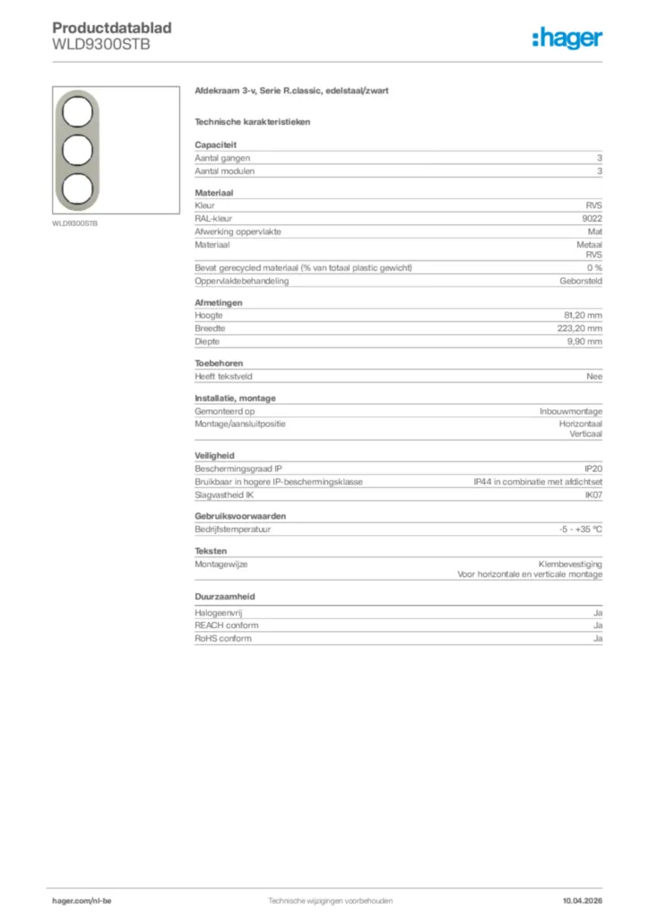 Afbeelding Hager Productdatablad WLD9300STB | Hager Belgium