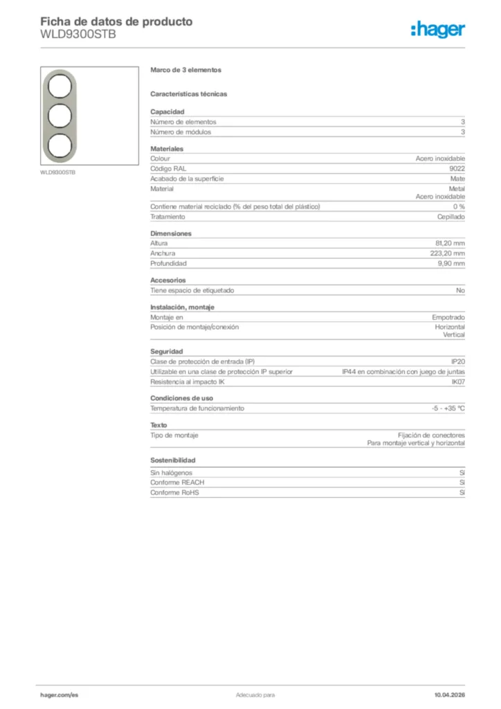 Imagen Hager Ficha de datos de producto WLD9300STB | Hager España
