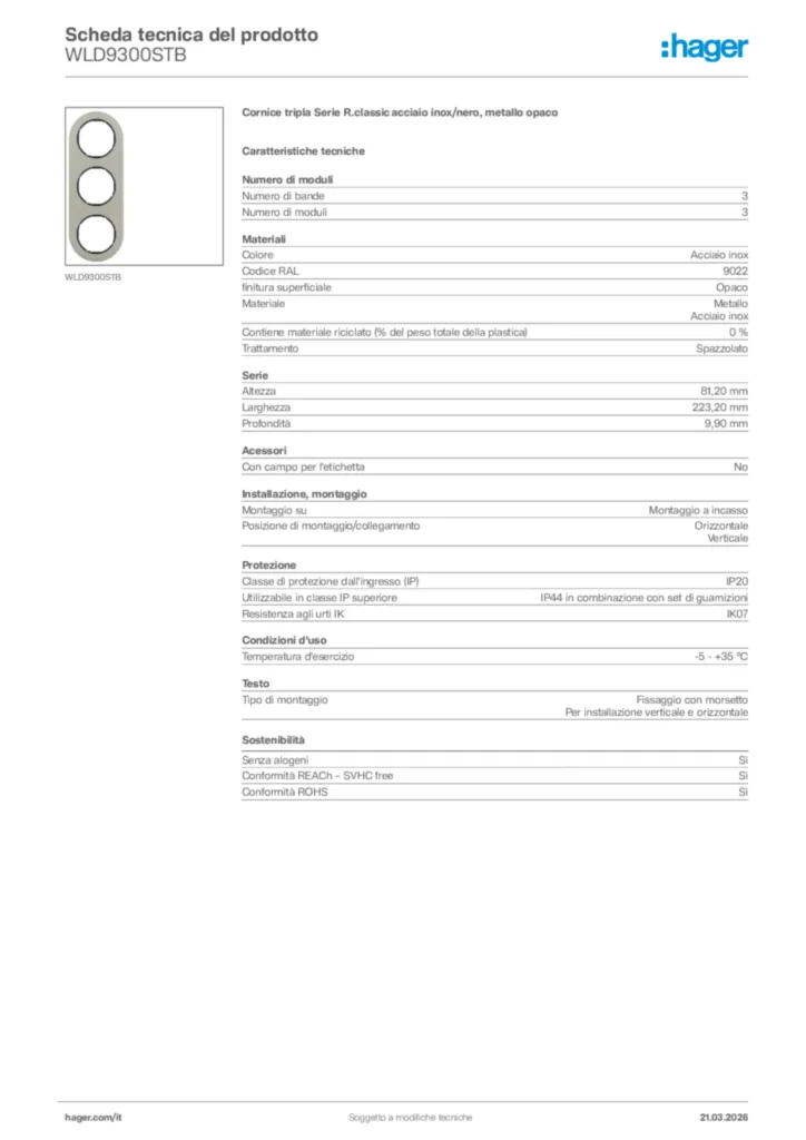 Immagine Hager Scheda tecnica del prodotto WLD9300STB | Hager Italia