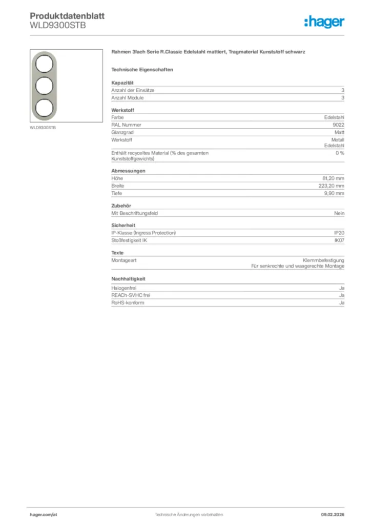 Bild Hager Produktdatenblatt WLD9300STB | Hager Deutschland