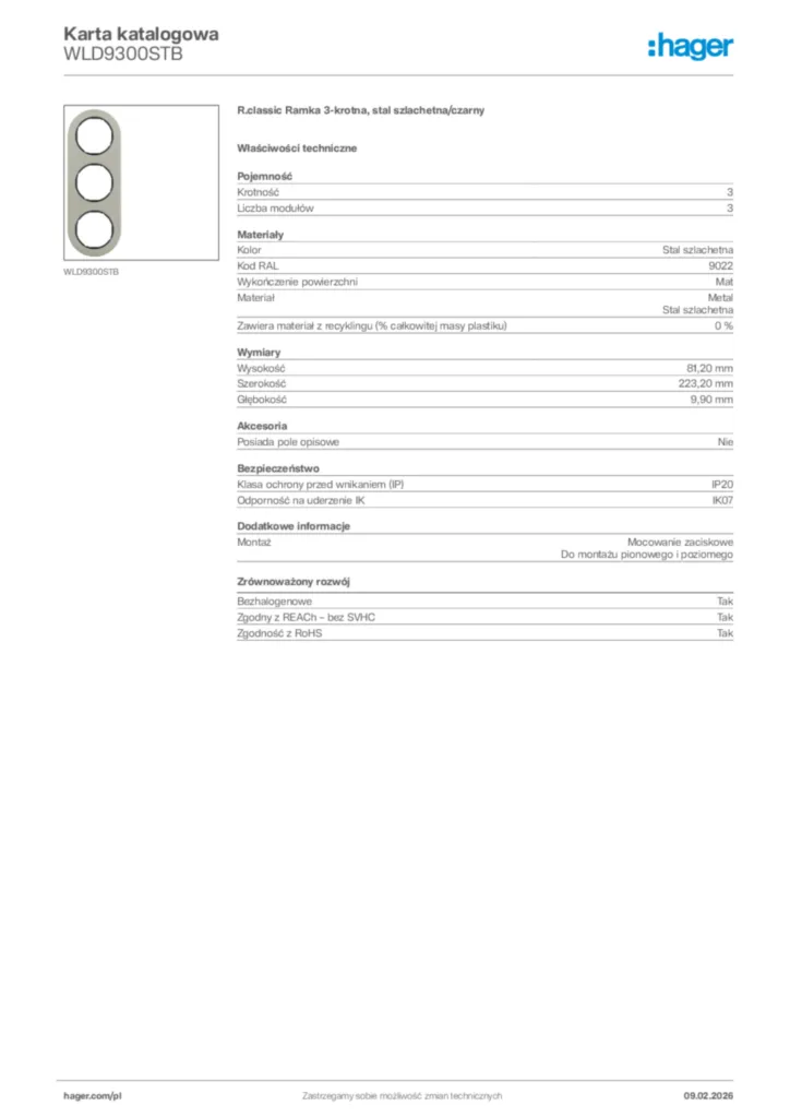 Zdjęcie Hager Karta katalogowa WLD9300STB | Hager Polska