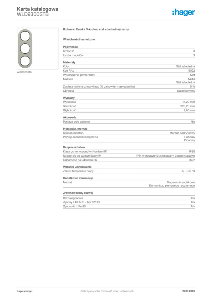 Zdjęcie Hager Karta katalogowa WLD9300STB | Hager Polska