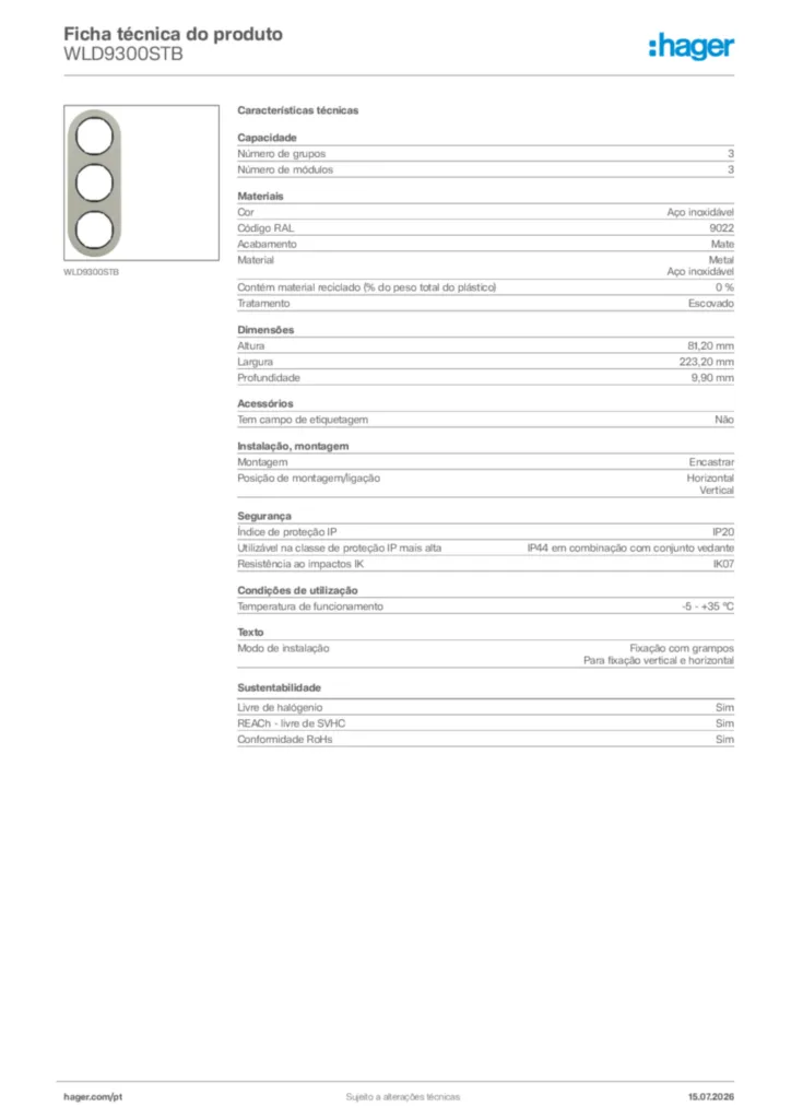Imagem Hager Ficha técnica do produto WLD9300STB | Hager Portugal